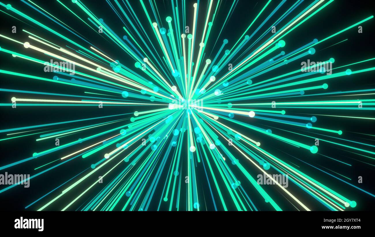 Des rayures 3D géométriques lumineuses volent vers les côtés. Inflorescence abstraite du festival Digital Sunburst. Ornement éclat d'étoile de l'espace éclatée avec ra Banque D'Images