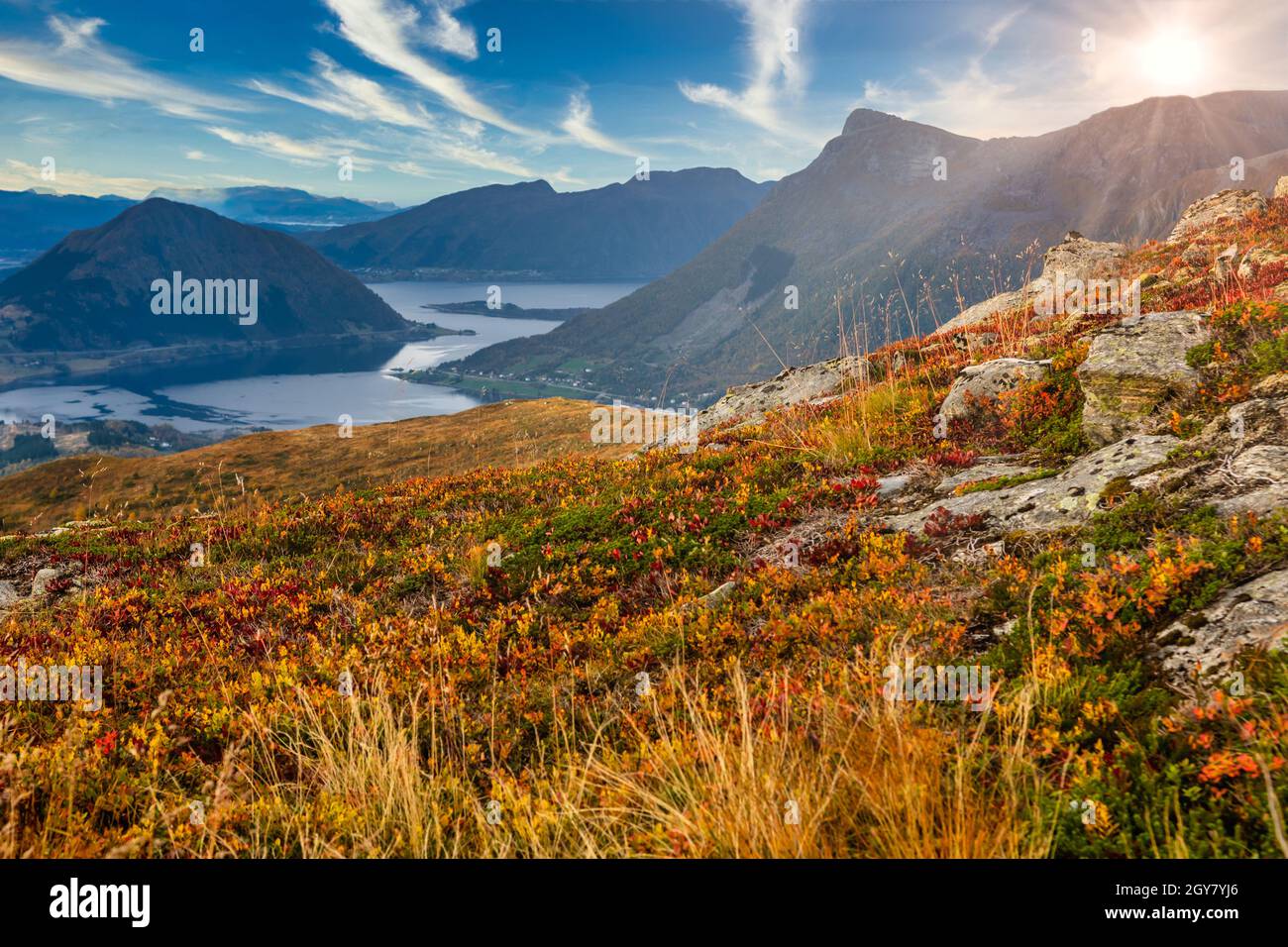 Octobre doré, automne en Norvège avec ciel bleu et soleil près de Volda, Orsta Banque D'Images
