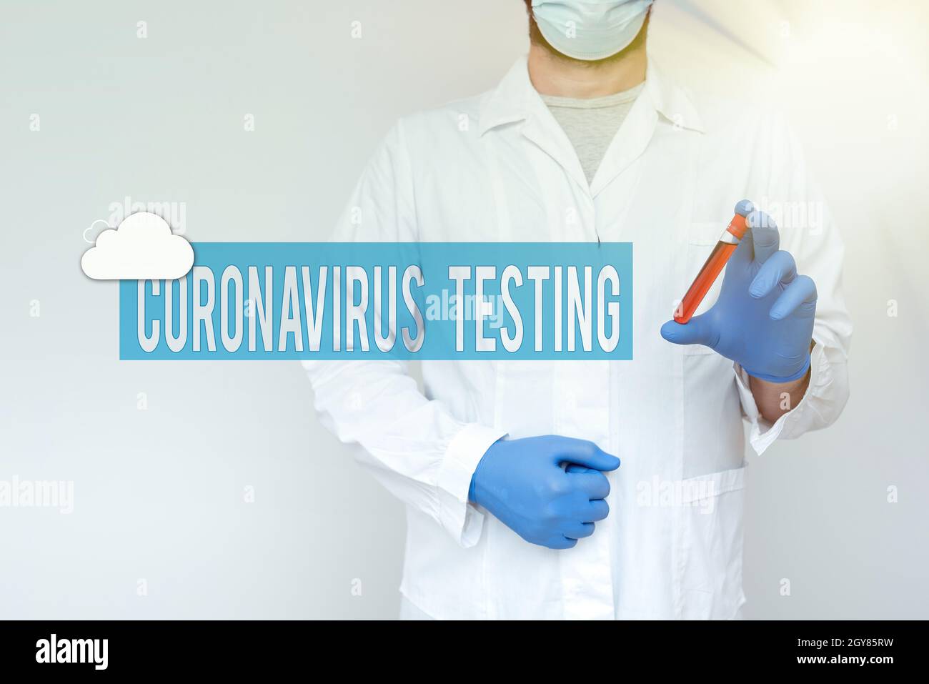 Affiche présentant le test du coronavirus, Business concept prélèvement d'échantillons auprès d'un patient viable afin d'identifier le chimiste SASRSCoV2 présentant un échantillon de sang Banque D'Images