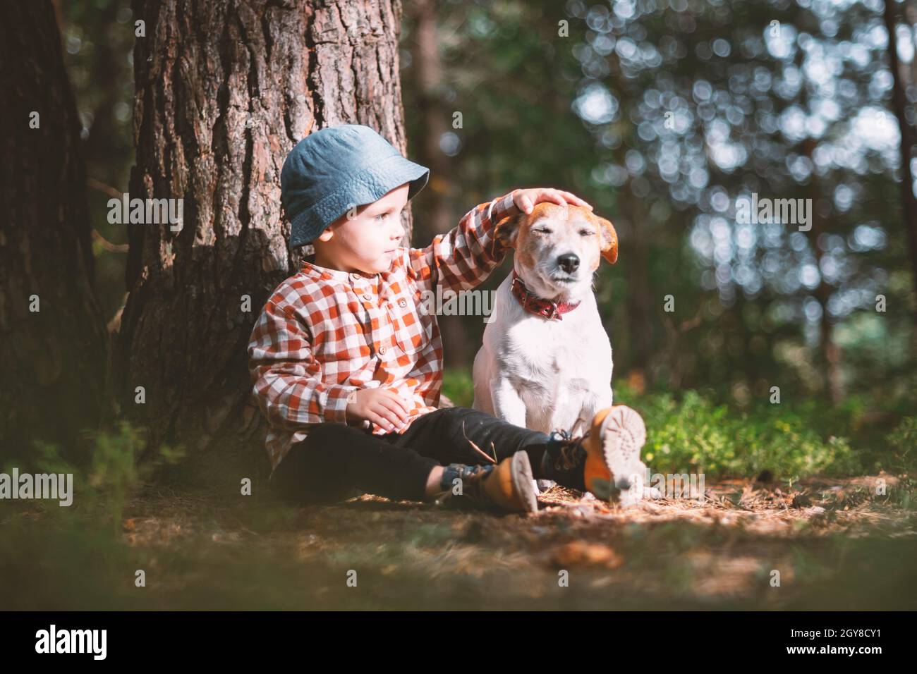 Petit enfant en casquette bleue avec chien blanc chiot race Jack russel terrier dans la forêt d'automne. Concept d'enfance avec animaux de compagnie Banque D'Images