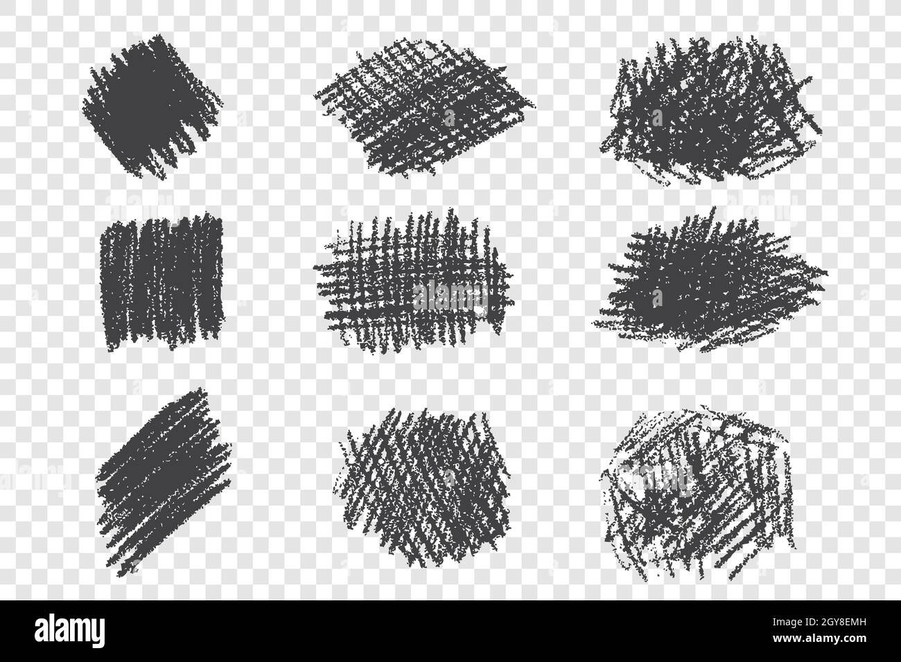 Types de différents jeux de plumes hachurées à la main.Collection Scribble Doodles.Dessin à l'encre noire monochrome sur fond transparent.Vecteur abstrait a Banque D'Images