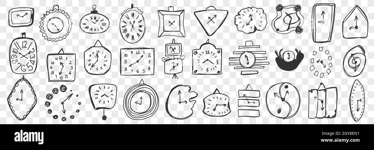 Ensemble de doodle pour horloge murale.Collection d'horloges dessinées à la main de différentes formes, tailles accrochées sur des murs isolés sur fond transparent.Ilustr Banque D'Images