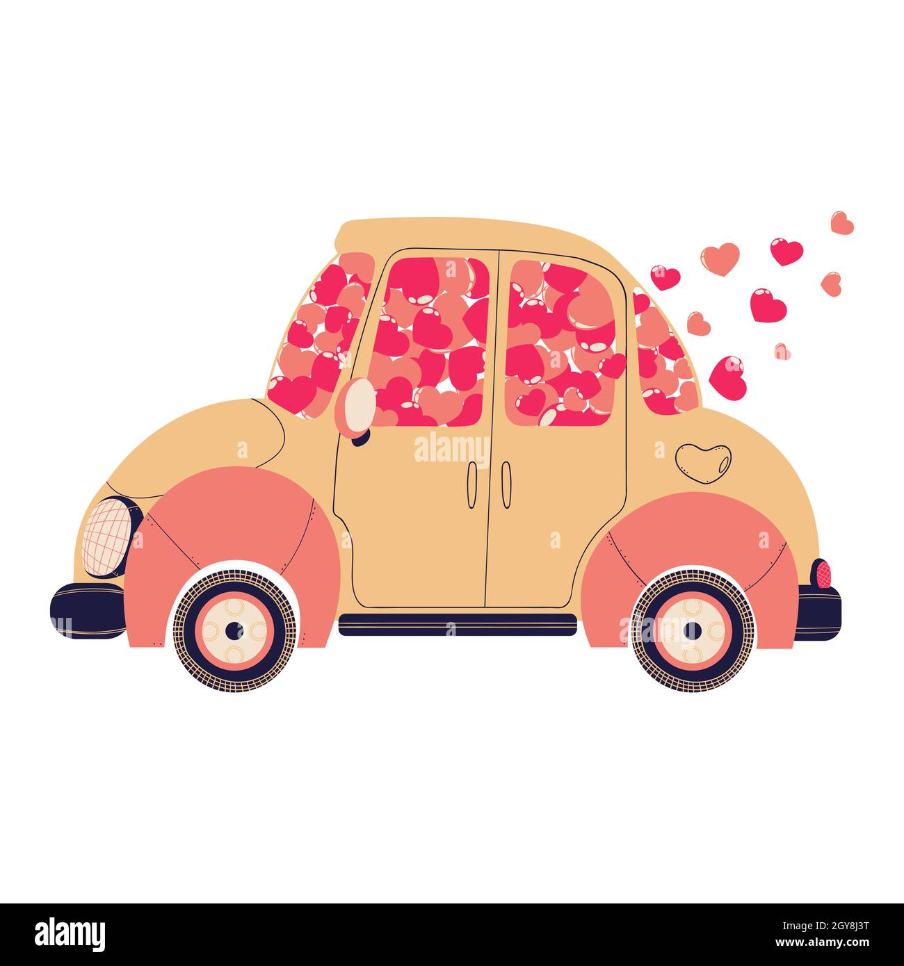 Illustration vectorielle dessinée à la main d'une jolie voiture aux coeurs roses et rouges pour la Saint-Valentin.Automobile colorée avec coeurs volants clip art en desig plat Illustration de Vecteur