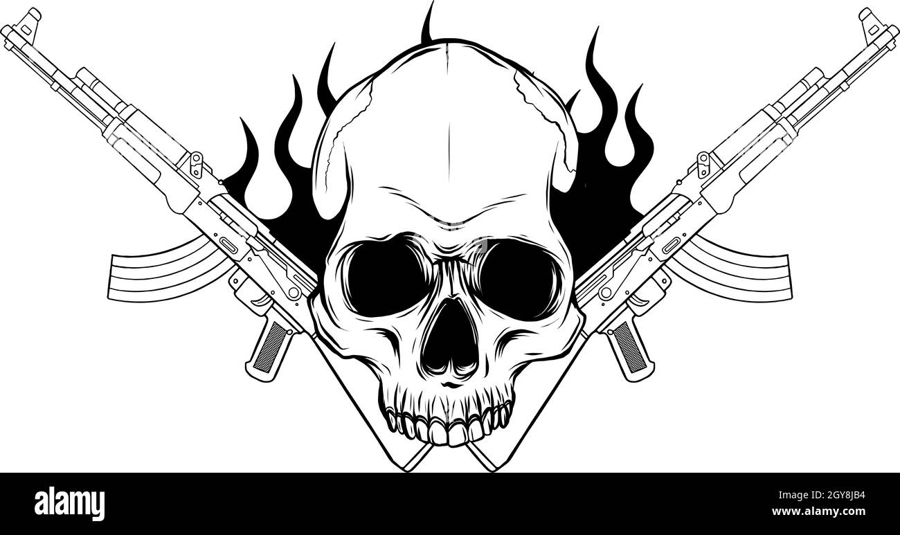 Crâne avec mitrailleuses AK-47. Banque D'Images