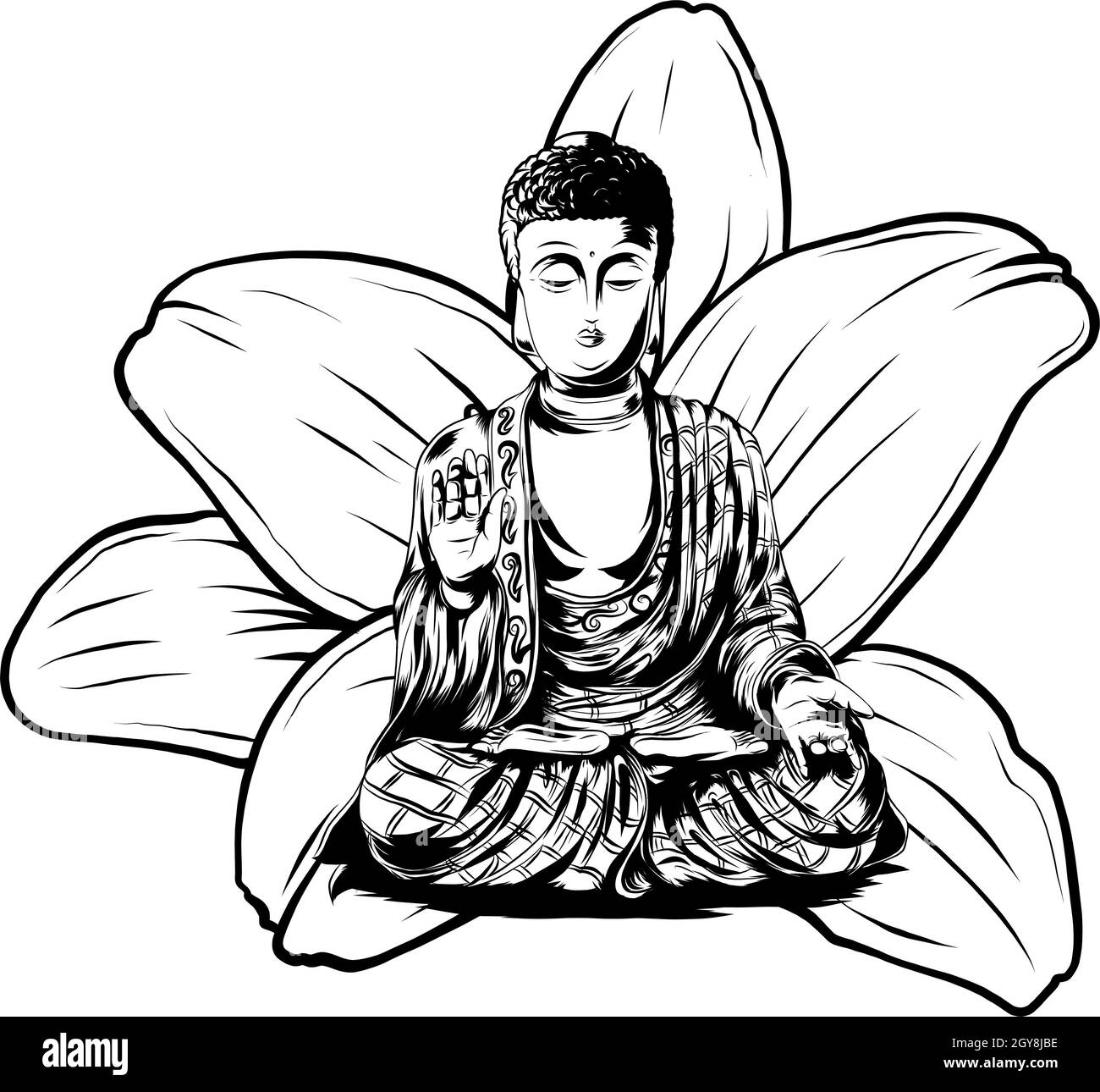 Vecteur icône du bouddhisme méditant Bouddha.Bouddha d'or assis sur un fond de lotus.Illustration à plat. Banque D'Images