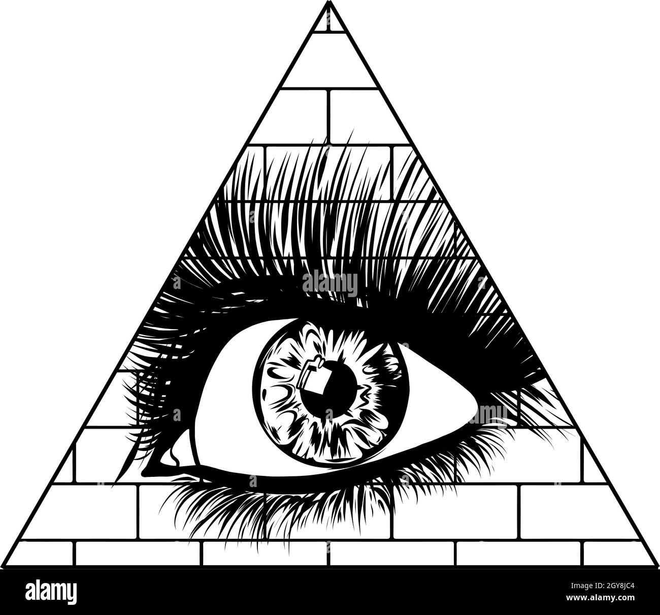 Œil de la providence.Tous les yeux voyant dans le triangle au-dessus du symbole masonique de la pyramide.Illustration éclairatie occulte. Banque D'Images