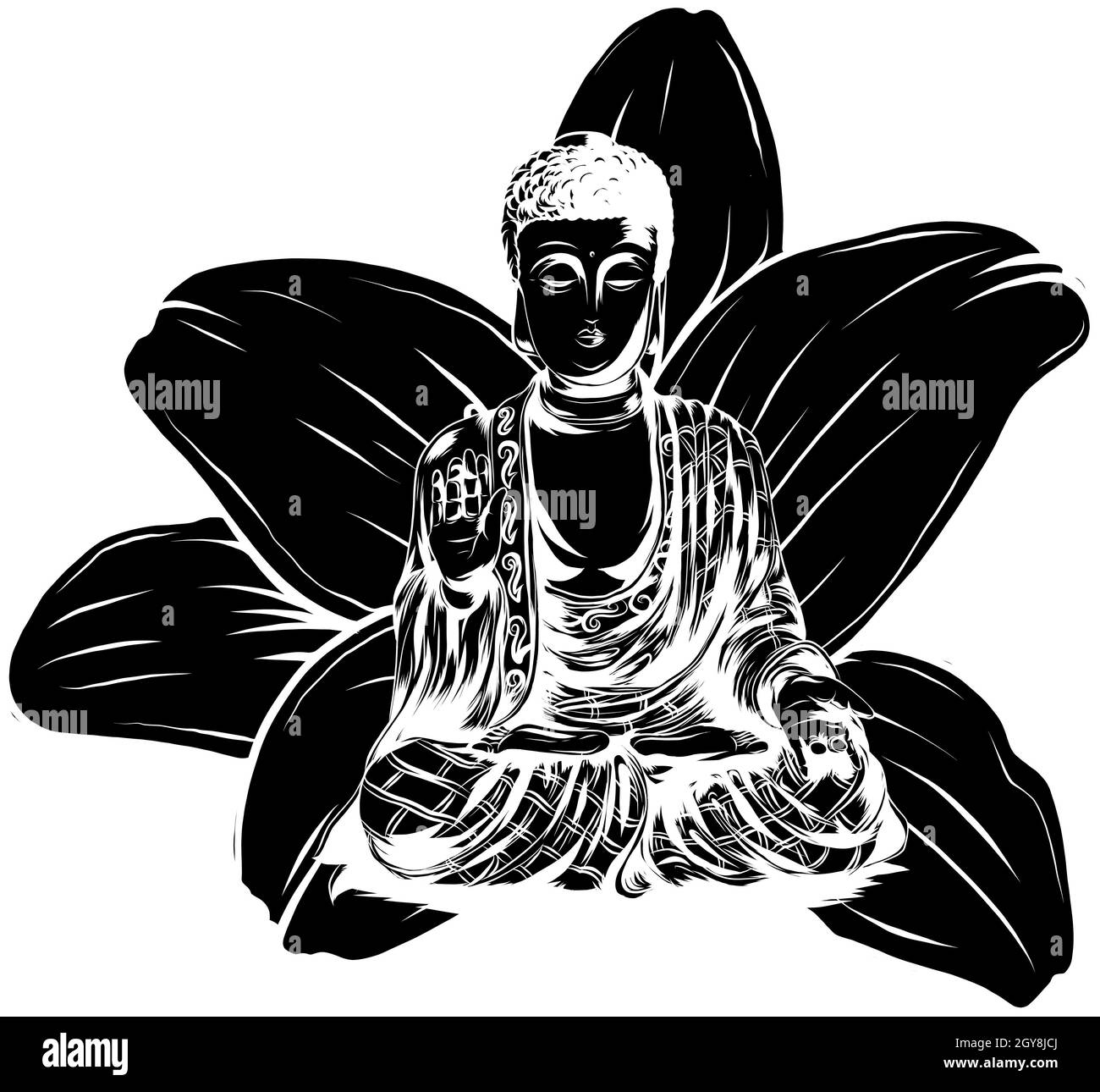 Vecteur icône du bouddhisme méditant Bouddha.Bouddha d'or assis sur un fond de lotus.Illustration à plat. Banque D'Images