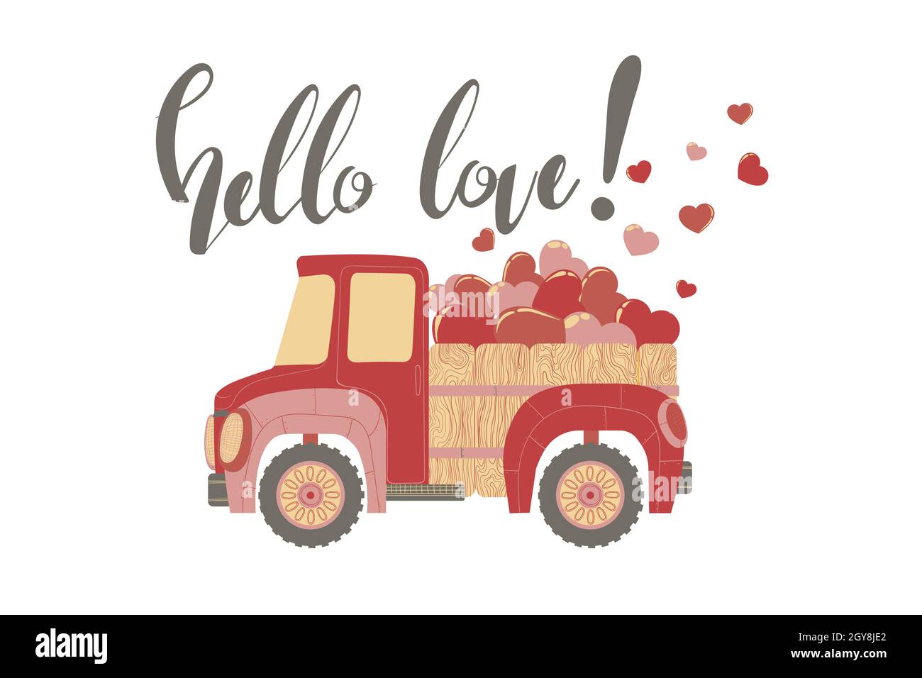 Illustration vectorielle dessinée à la main d'une jolie voiture avec coeurs roses et rouges et texte Hello love pour la Saint-Valentin.Chariot coloré avec pince à coeurs volants Illustration de Vecteur