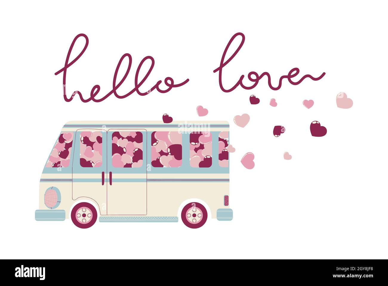 Illustration vectorielle dessinée à la main d'une jolie voiture avec coeurs roses et rouges et texte Hello Love pour la Saint-Valentin a.Bus ou minibus coloré avec pince à coeurs Illustration de Vecteur