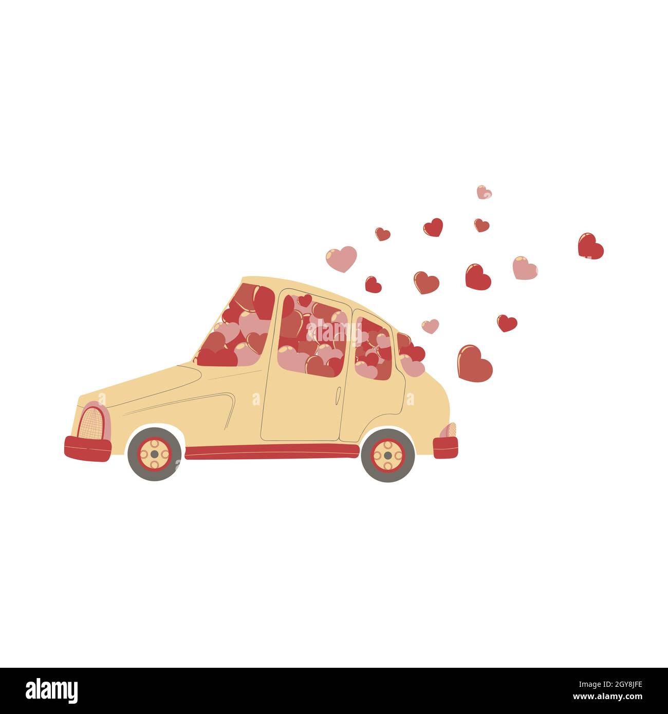 Illustration vectorielle dessinée à la main d'une jolie voiture aux coeurs roses et rouges pour la Saint-Valentin.Automobile colorée avec coeurs volants clip art en desig plat Illustration de Vecteur