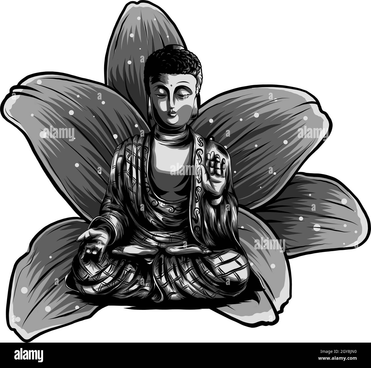 Vecteur icône du bouddhisme méditant Bouddha.Bouddha d'or assis sur un fond de lotus.Illustration à plat. Banque D'Images