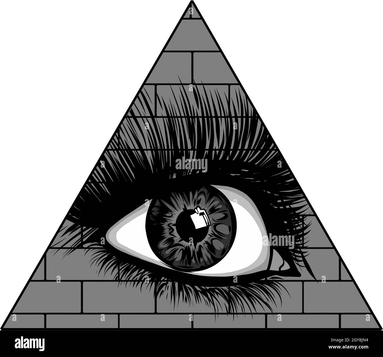 Œil de la providence.Tous les yeux voyant dans le triangle au-dessus du symbole masonique de la pyramide.Illustration éclairatie occulte. Banque D'Images