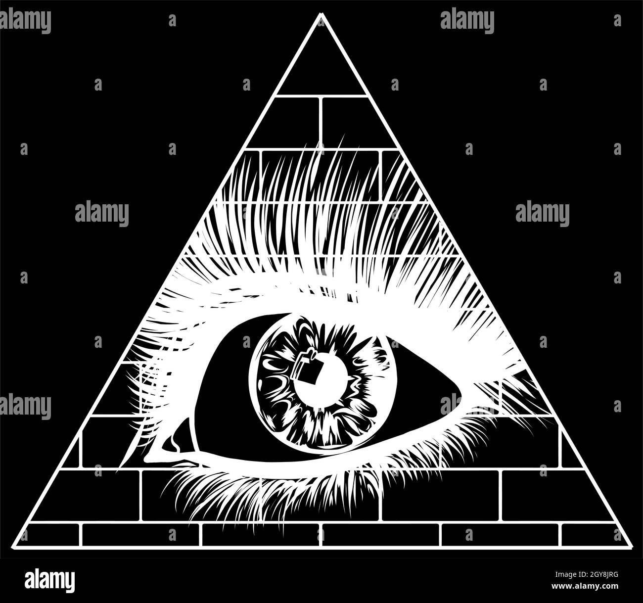 Œil de la providence.Tous les yeux voyant dans le triangle au-dessus du symbole masonique de la pyramide.Illustration éclairatie occulte. Banque D'Images
