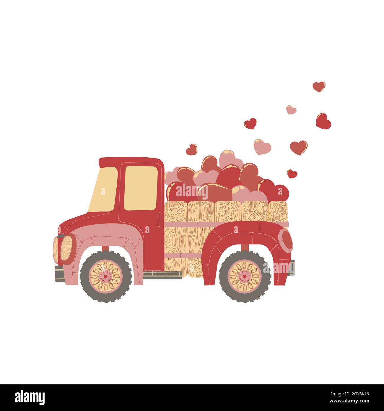 Illustration vectorielle dessinée à la main d'une jolie voiture aux coeurs roses et rouges pour la Saint-Valentin.Camion coloré avec coeur volant clip art dans la conception plate?est Illustration de Vecteur