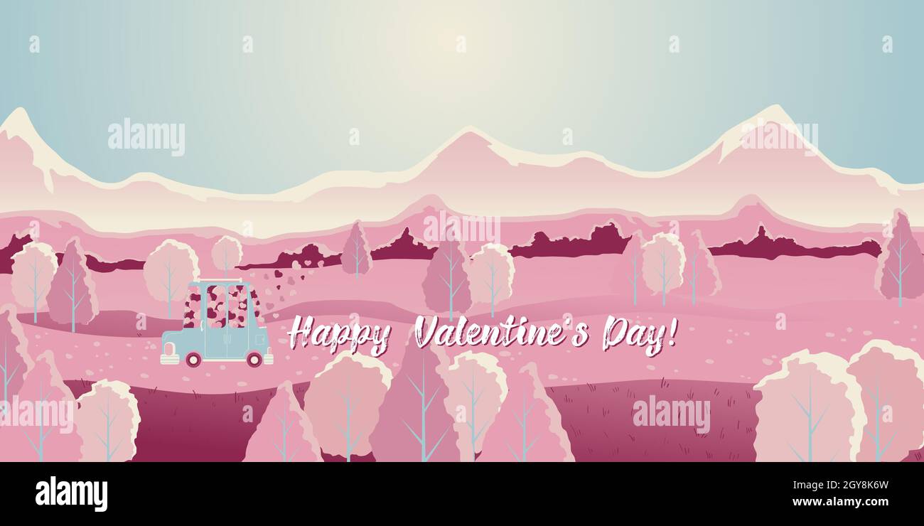 Arrière-plan horizontal avec paysages et voitures avec coeurs volants dans le style de dessin animé plat.Joyeux Saint Valentin fond rose. Illustration de Vecteur