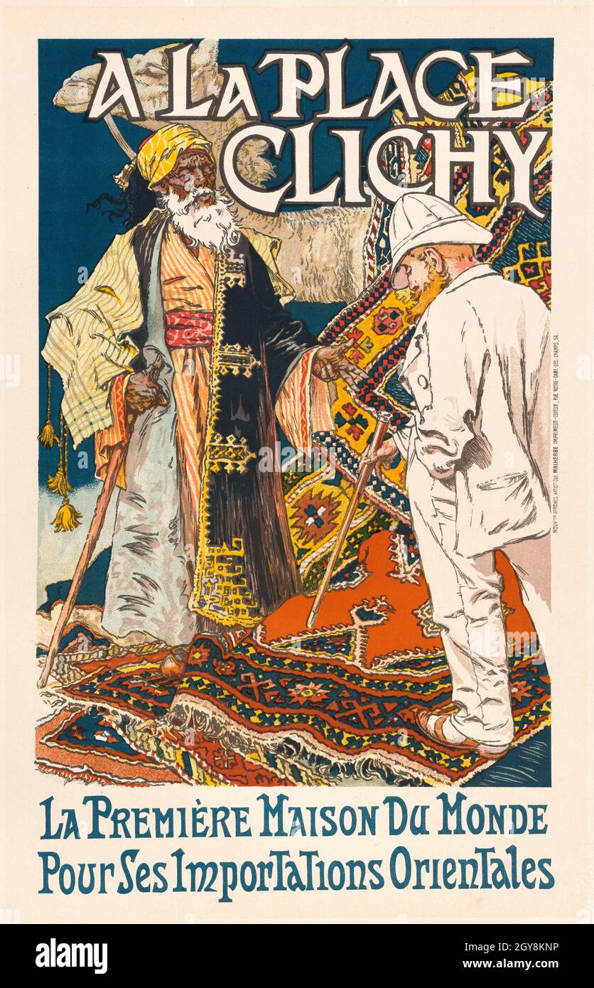 Affiche vintage française le premier magasin au monde pour les importations en provenance d'Orient, situé sur la place Clichy à Paris, par Eugène Grasset 1891 Banque D'Images