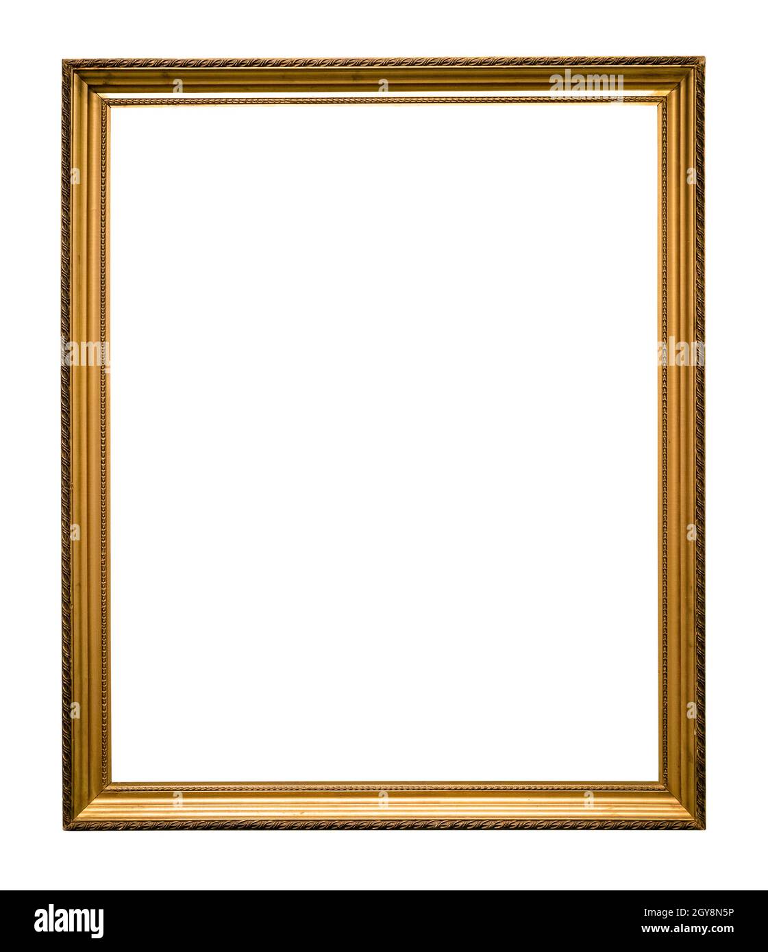 cadre en bois doré vertical découpé sur fond blanc Banque D'Images