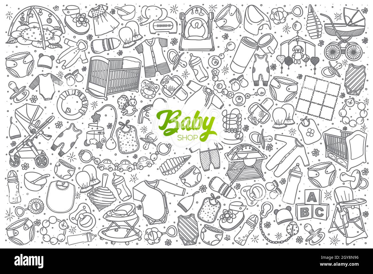 Dessin A La Main Pour L Arriere Plan De L Ensemble De Caniche De Magasin De Bebe Avec Inscription Verte Photo Stock Alamy