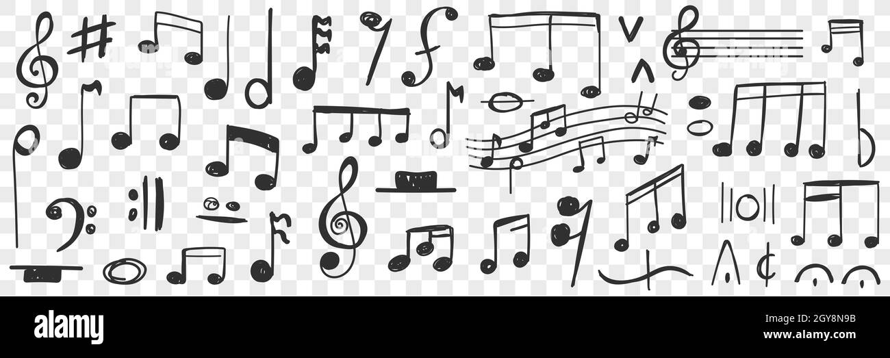 Ensemble de notes musicales avec dessins.Collection de notes musicales dessinées à la main avec des notes aigus clef basse clef et des notes pour l'écriture de musique et de ed Banque D'Images
