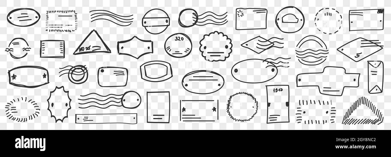 Ensemble de doodle de timbres et de lettres. Collection de timbres dessinés à la main avec des enveloppes d'index pour la livraison de courriers et de colis de poste isolés sur le site de la vente en groupe Banque D'Images