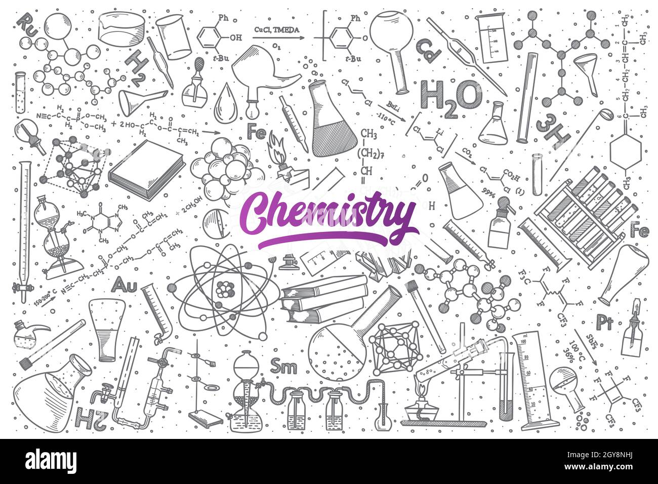 Fond de l'ensemble de caniche de chimie dessinées à la main avec des caractères violets Banque D'Images