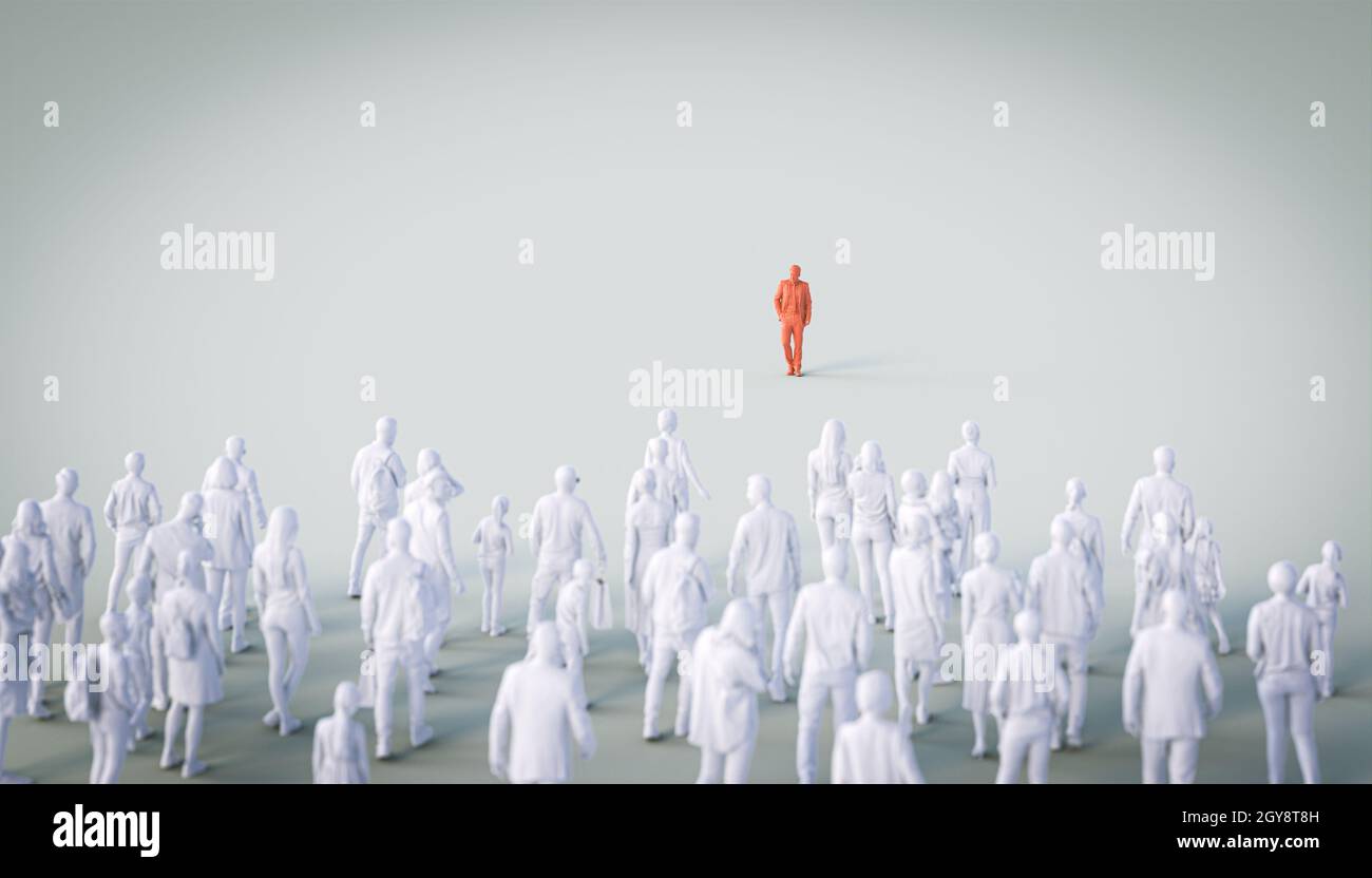 groupe de personnes regardent un homme rouge. concept de leader, différences.rendu 3d. Banque D'Images