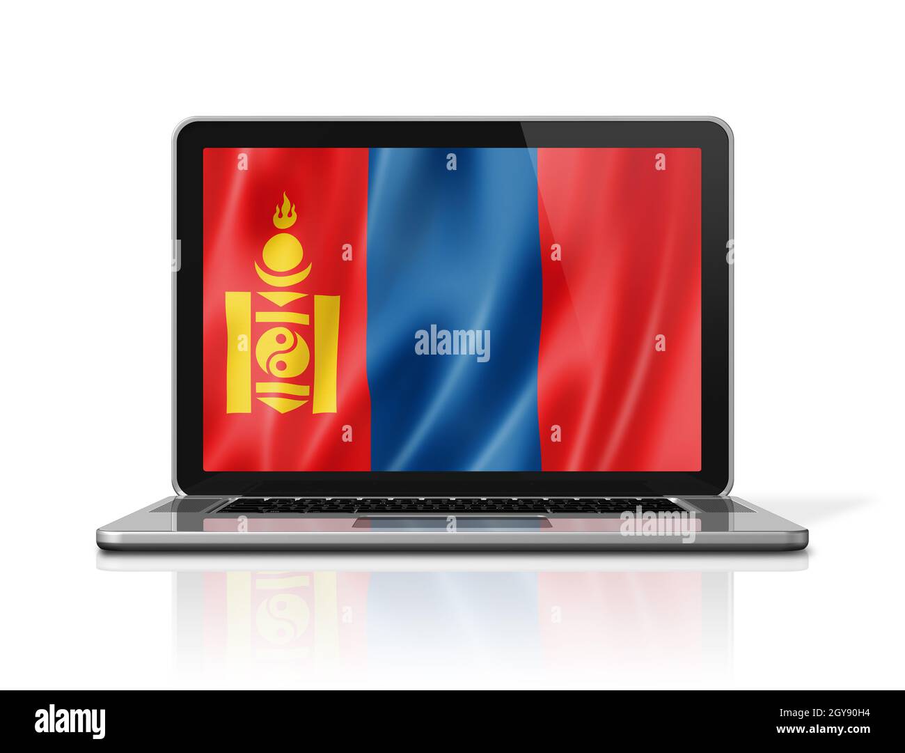 Drapeau de Mongolie sur écran d'ordinateur portable isolé sur blanc. Rendu de l'illustration 3D. Banque D'Images