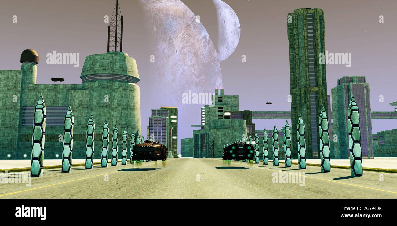 Sur la planète Nemus, deux lunes sont en orbite dans le ciel et les gens voyagent dans des navettes aériennes. Banque D'Images