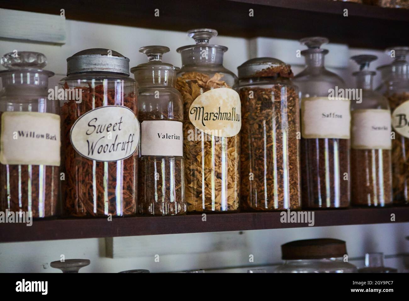 Épices et herbes dans des bouteilles rustiques et étiquetées sur une étagère Banque D'Images