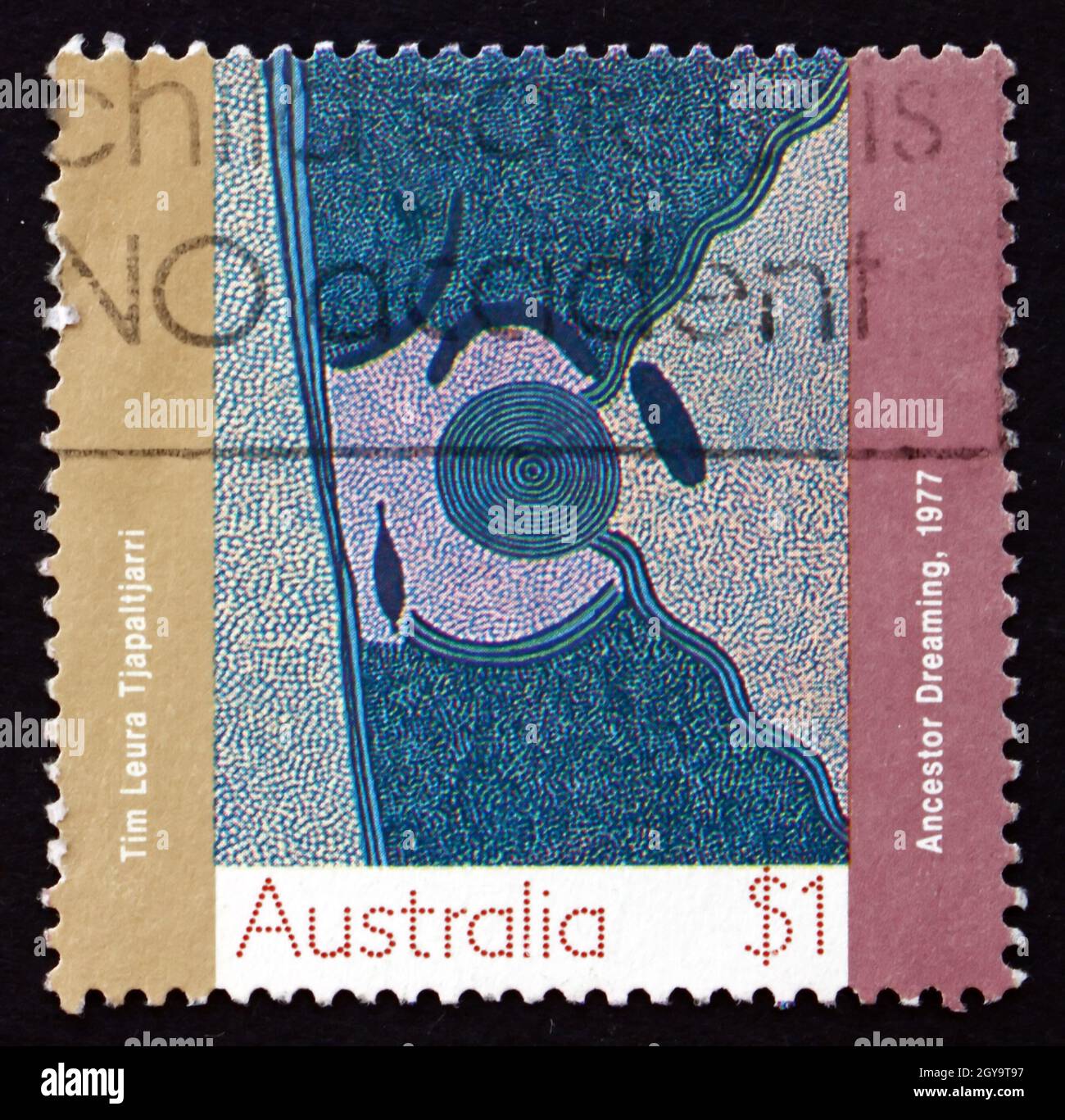 AUSTRALIE - VERS 1988 : un timbre imprimé en Australie montre un rêve ancestral, peinture aborigène de la colonie du Papunya, vers 1988 Banque D'Images