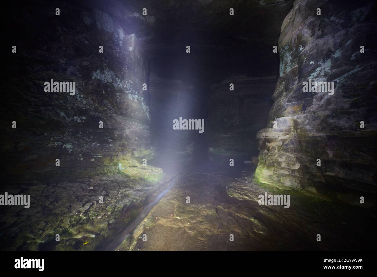 Arbre de lumière dans une grande grotte avec une petite crique qui le traverse Banque D'Images