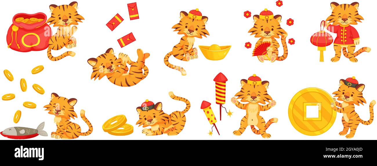 Dessin animé chinois tigre de nouvel an, tigres mignons avec lingot d'or.Petits oursons de tigre avec pétards, sac d'argent.Jeu de vecteurs de personnage de mascotte de Noël.Personnages en vêtements nationaux avec pièces de monnaie Illustration de Vecteur