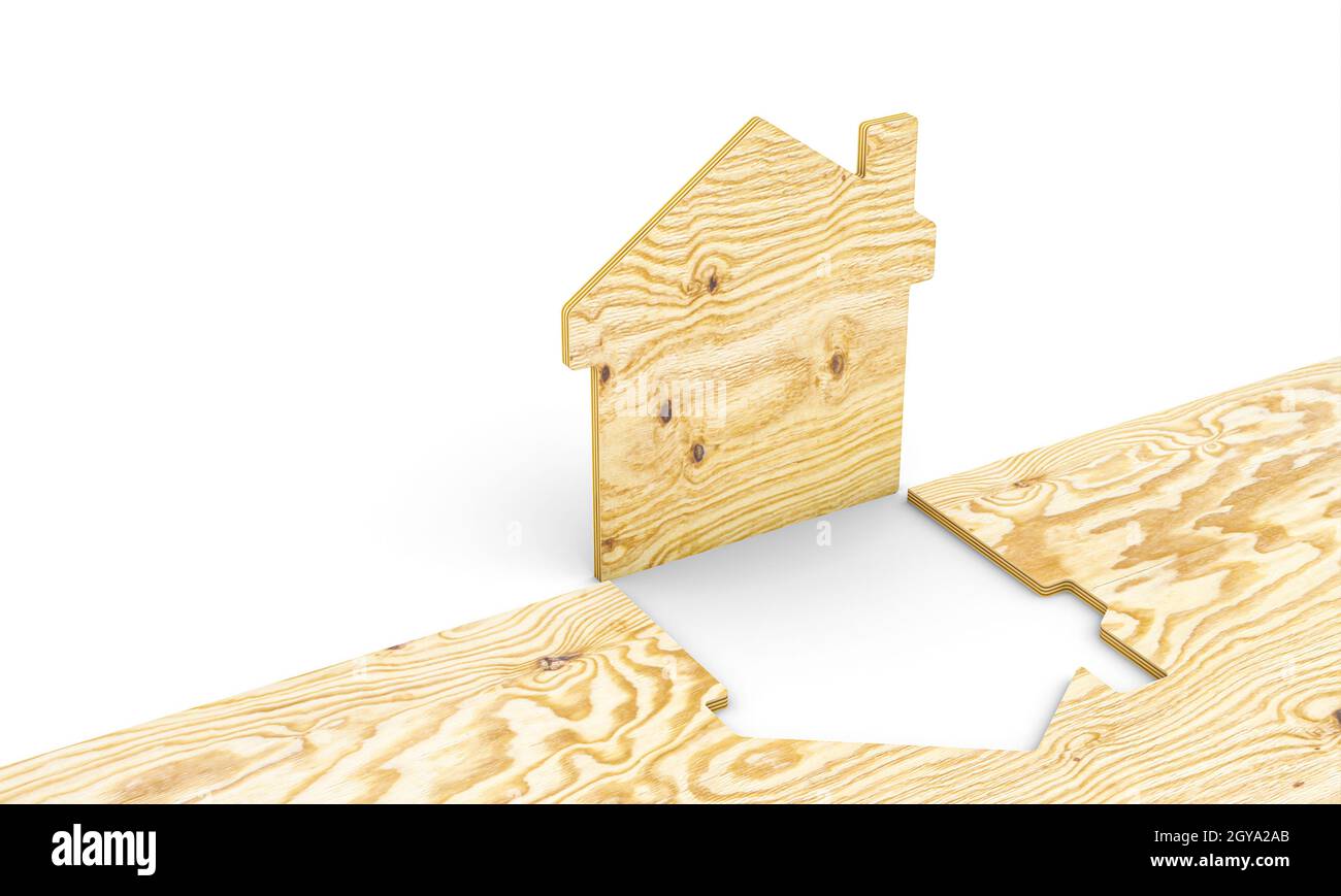 maison en bois obtenue à partir d'un panneau de contreplaqué. concept de construction écologique durable. rendu 3d. Banque D'Images