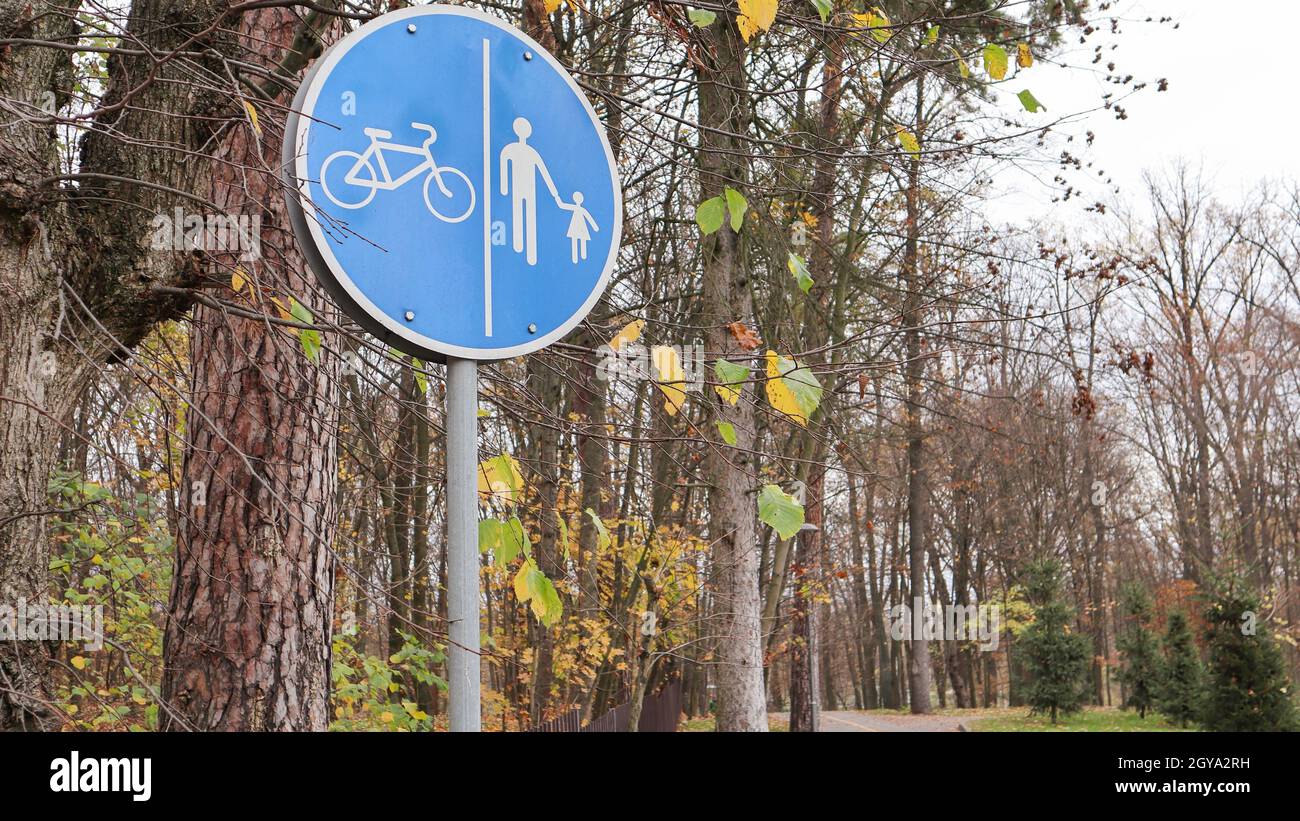 Panneau de signalisation pour piétons et cyclistes avec marquages blancs bleus sur un fond d'arbres et ciel bleu dans un parc en automne. Voies séparées pour piétons et Banque D'Images
