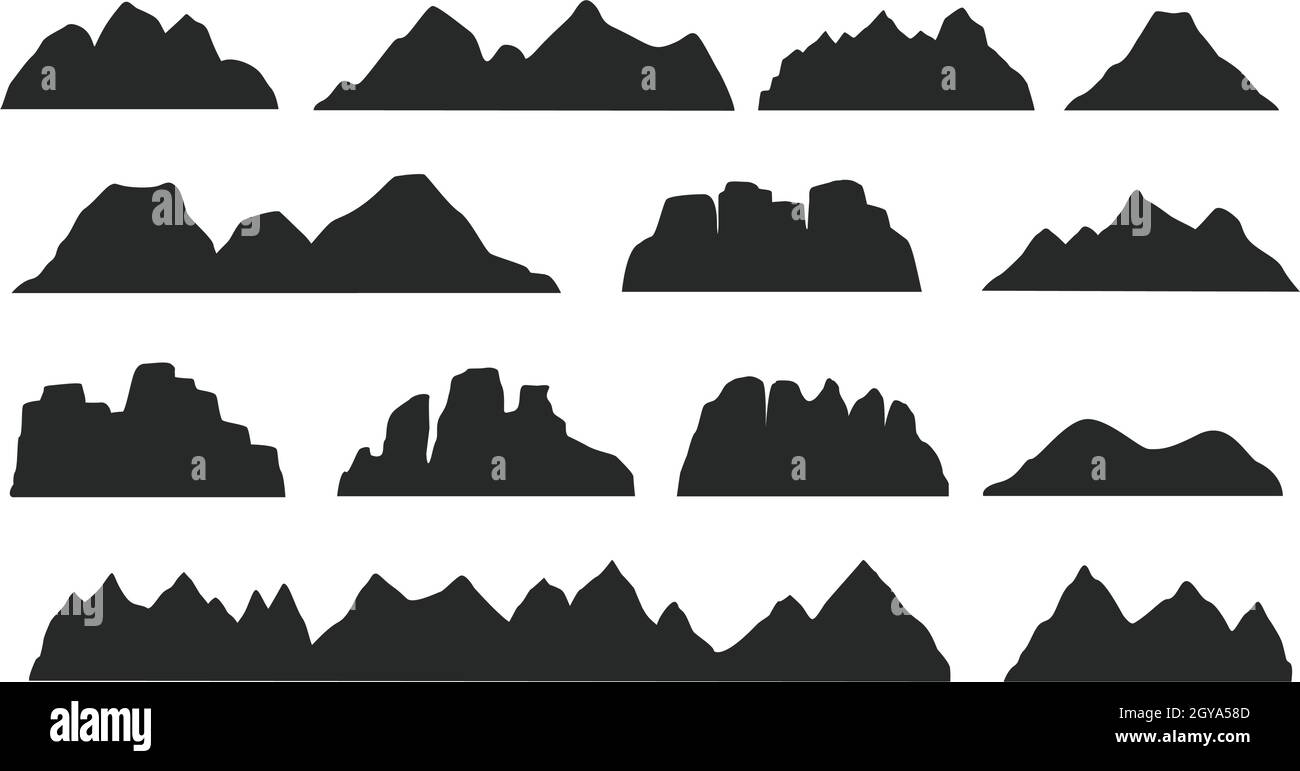 Silhouette de paysage de crête de montagne noire, éléments de terrain rocheux.Montagnes pics, collines, icebergs paysage extérieur silhouettes vecteur ensemble.Falaises naturelles et forme de volcan pour le logo Illustration de Vecteur