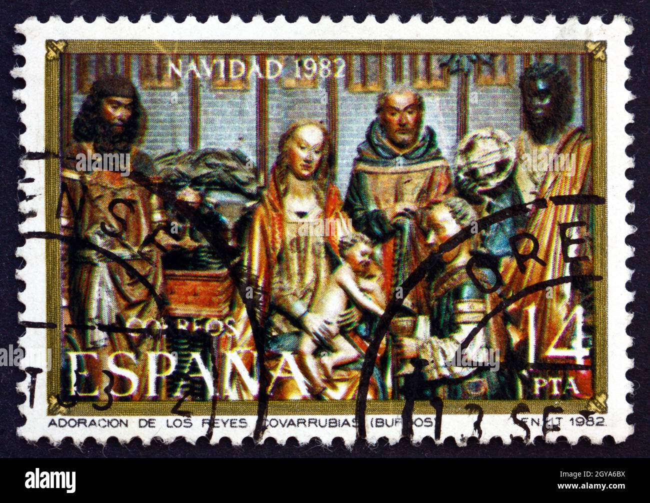 ESPAGNE - VERS 1982: Un timbre imprimé en Espagne montre la Nativité, sculpture de bois, par Gil de Siloe, Noël, vers 1982 Banque D'Images