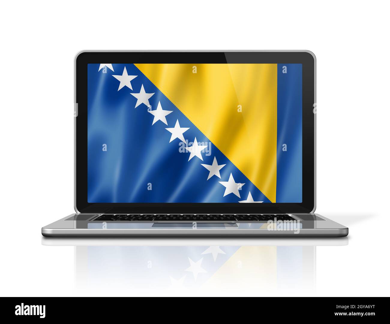 Drapeau de Bosnie-Herzégovine sur écran d'ordinateur portable isolé sur blanc. Rendu de l'illustration 3D. Banque D'Images