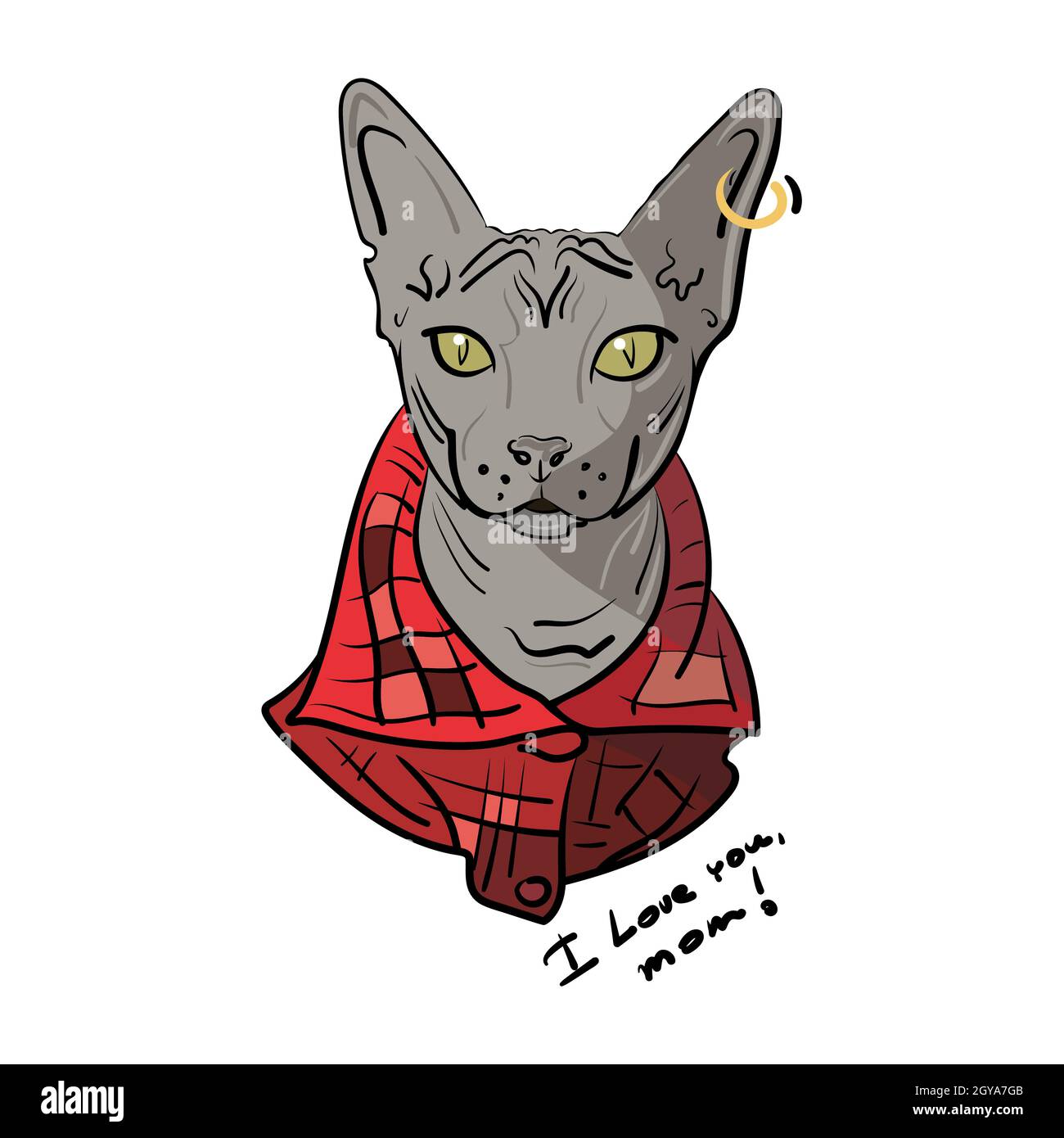 Chat Sphynx Dessine A La Main Dans Une Chemise A Carreaux Rouges Et Un Contour D Oreille Dore Avec Un Anneau Dans L Oreille Je T Aime Maman Illustration Vectorielle Image Vectorielle Stock Alamy