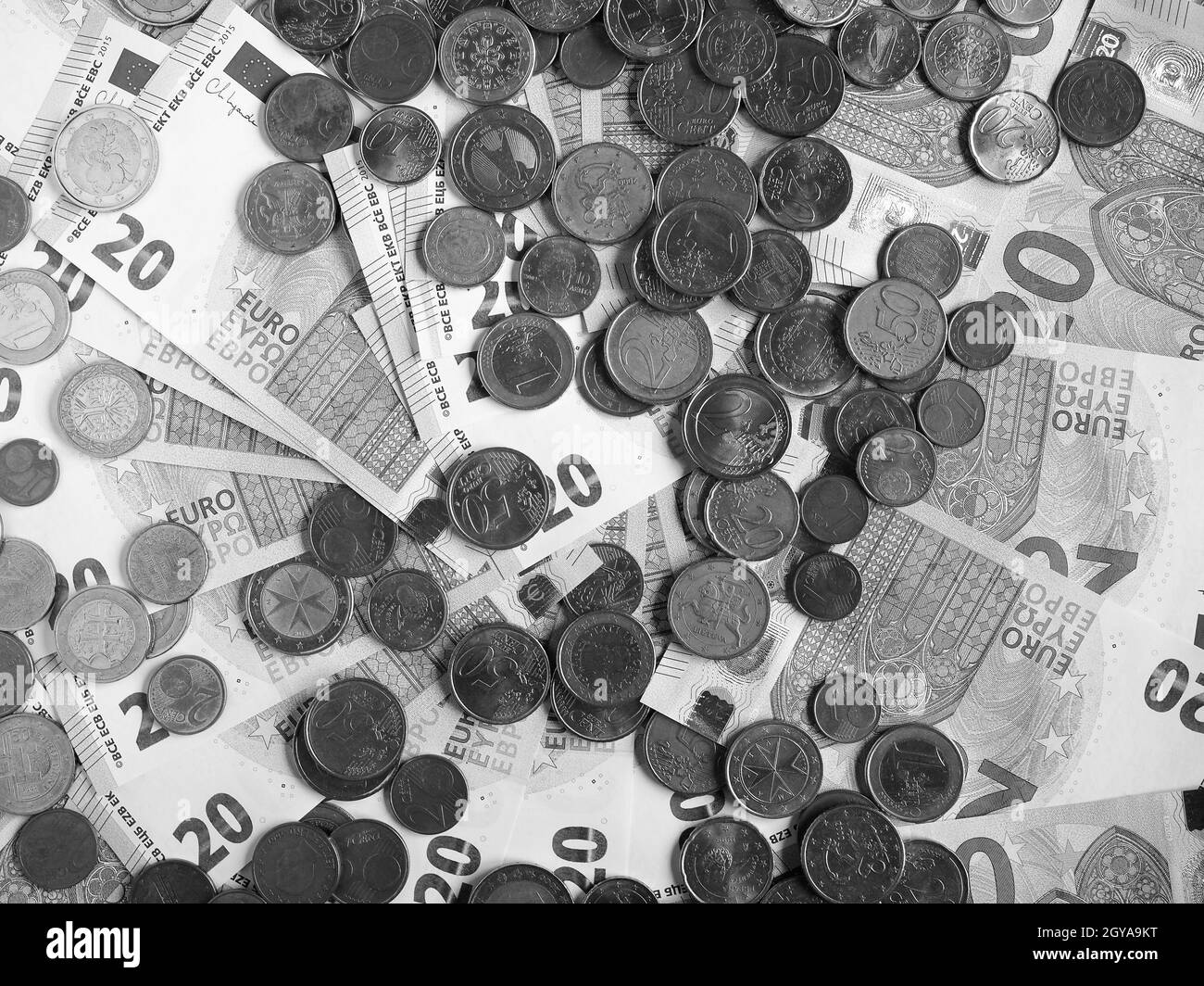 Billets et pièces en euros (EUR), monnaie de l'Union européenne en noir et blanc Banque D'Images