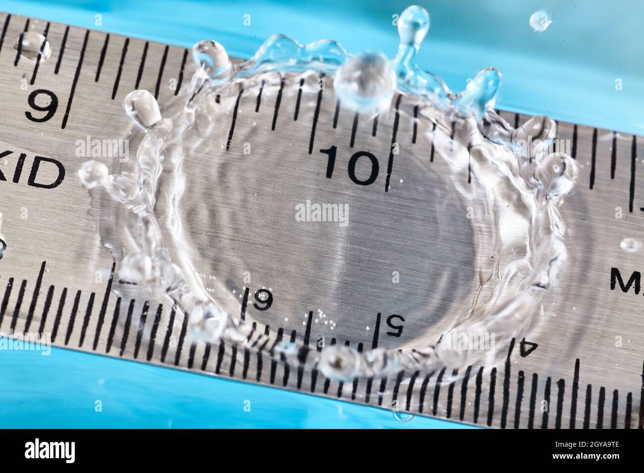 Une goutte d'eau de rebond sort d'une règle au niveau de la marque de dix pouces Banque D'Images