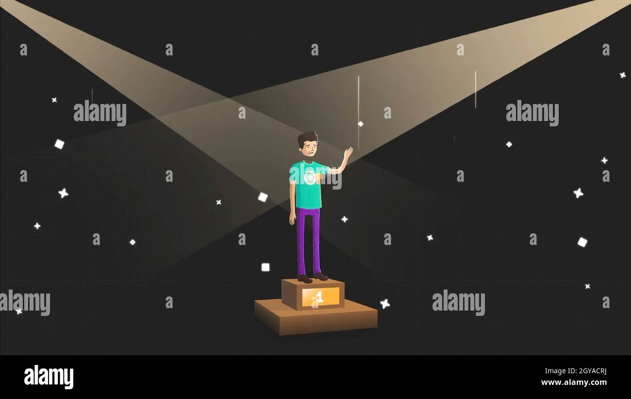 Homme sur le piédestal de première place, agitant sa main et debout devant les feux d'artifice festifs sur fond noir.Animation de dessins animés Banque D'Images