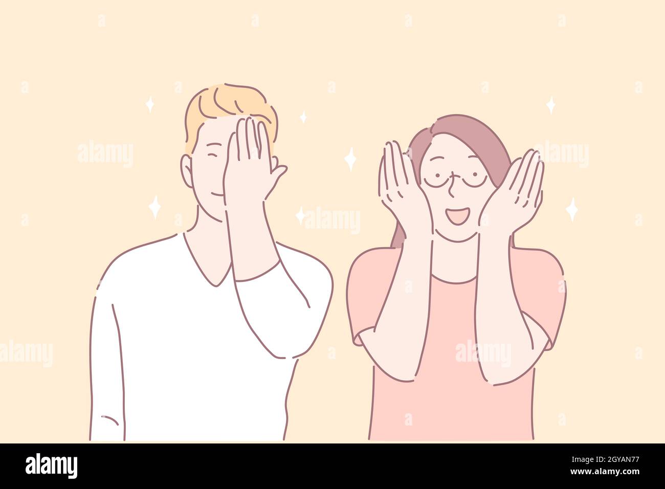 Geste de Facepalm, humeur joyeuse, concept de situation drôle. Les jeunes rient à la blague. Garçon se sentant gêné. Femme couvrant le visage avec les mains. Mignon f Banque D'Images