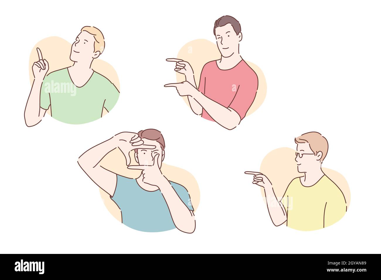 Gesticulation, démonstration de pose, concept pantomime. Les jeunes hommes se gesticulent avec les bras, les gars confiants pointant les mains, les signes silencieux, l'émotion positive Banque D'Images