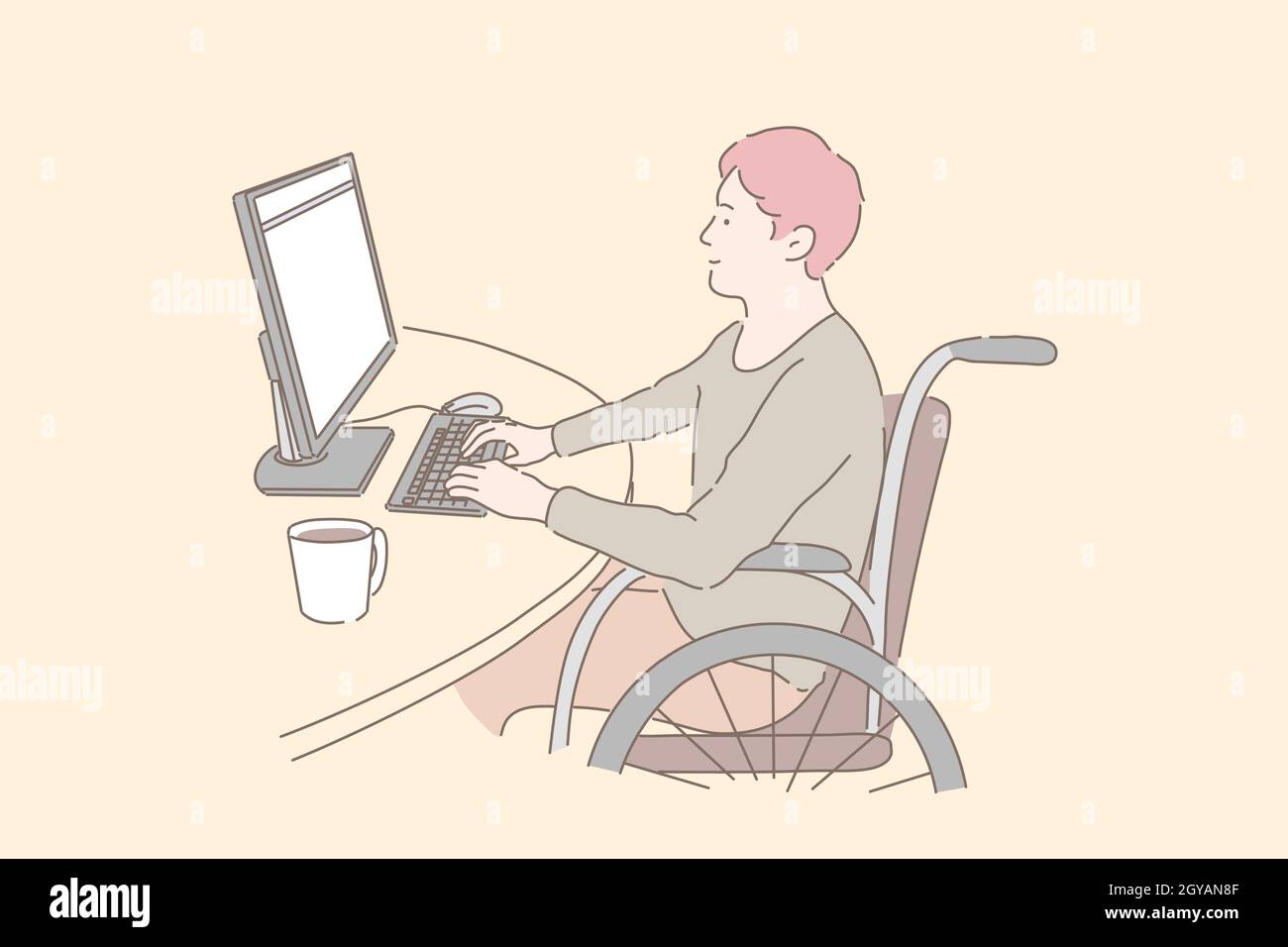 Concept de personne handicapée au travail. Jeune homme en fauteuil roulant travaillant avec PC, inclusion sociale des personnes handicapées, programmateurs indépendants paraplégiques Banque D'Images