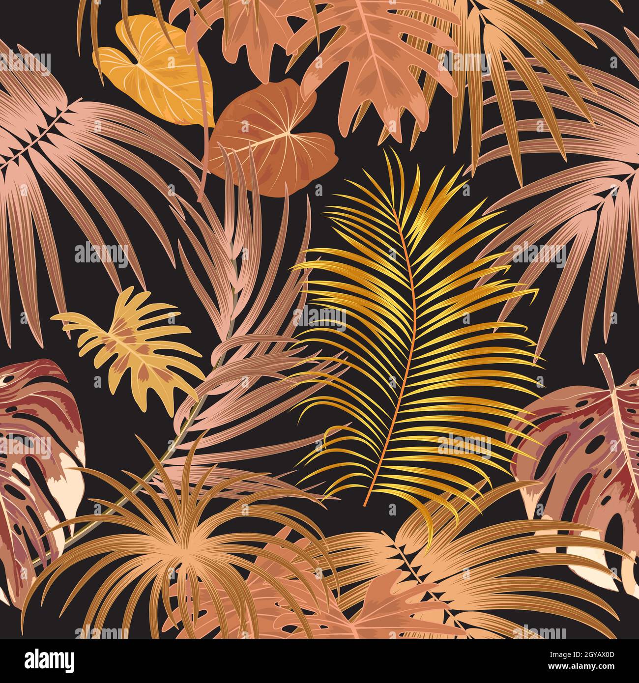 Motif vectoriel sans couture avec feuilles de palmier tropicales aux couleurs jaune et marron, fond de jungle Illustration de Vecteur