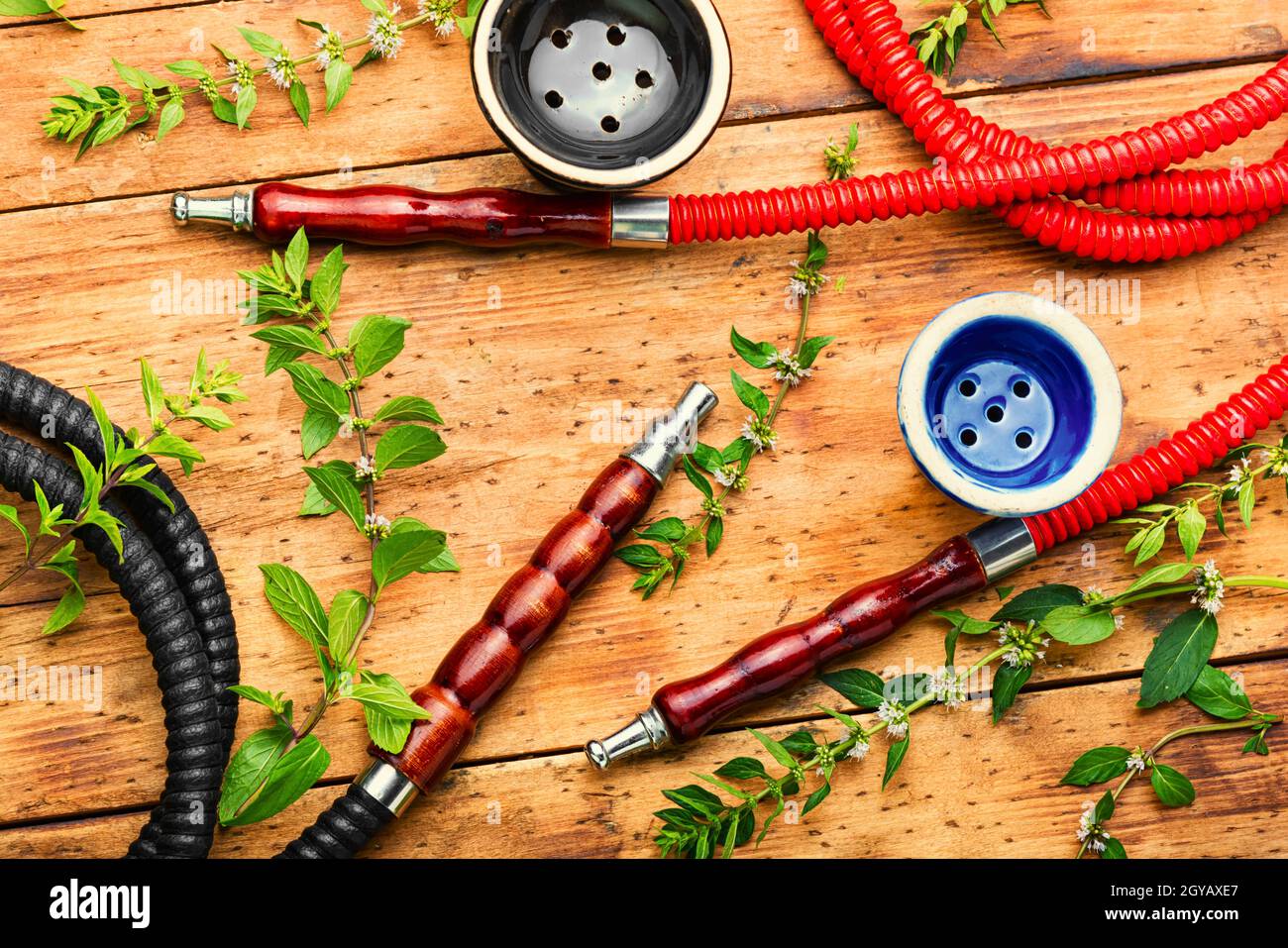 Narguilé oriental tendance aux arômes de plantes. Narguilé parfumé à la menthe poivrée Banque D'Images