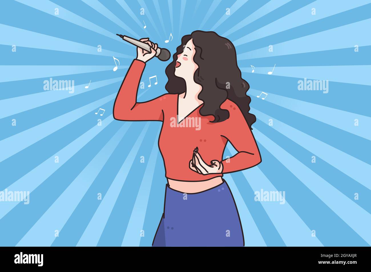 Femme chanteur et karaoké concept.Jeune femme positive brunette personnage de dessin animé chanteur debout et chant chanson dans le microphone sur fond bleu Banque D'Images