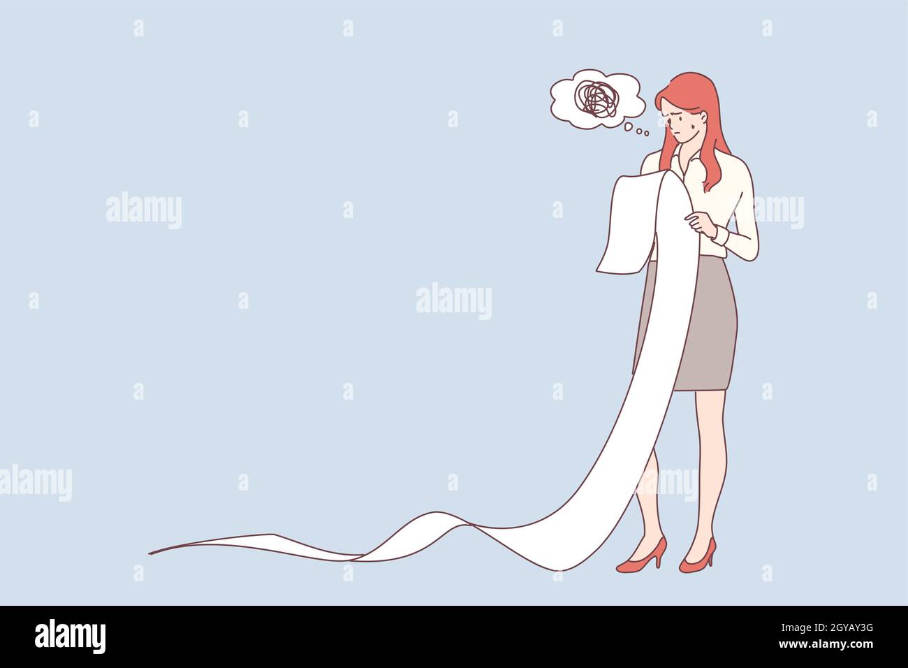 Paiement, facture et coûts énormes, frustration sur le concept de travail. Triste jeune femme d'affaires tenant une grande liste de tâches, document papier, facture d'achat, facture d'impôt Banque D'Images