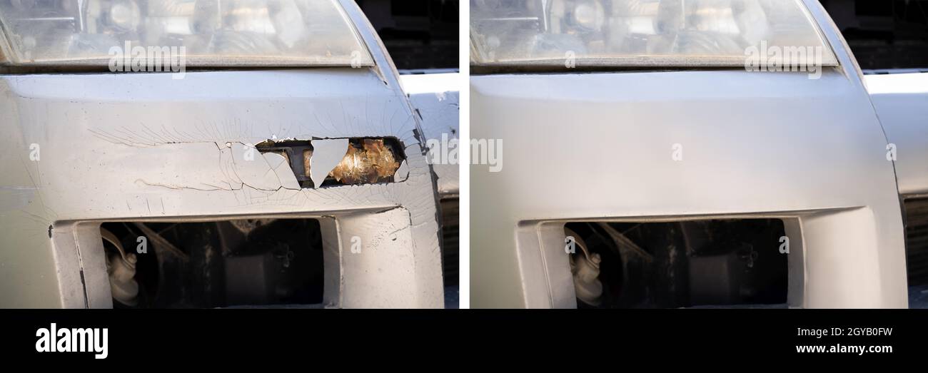 Réparation des dommages causés par la voiture avant et après Banque D'Images