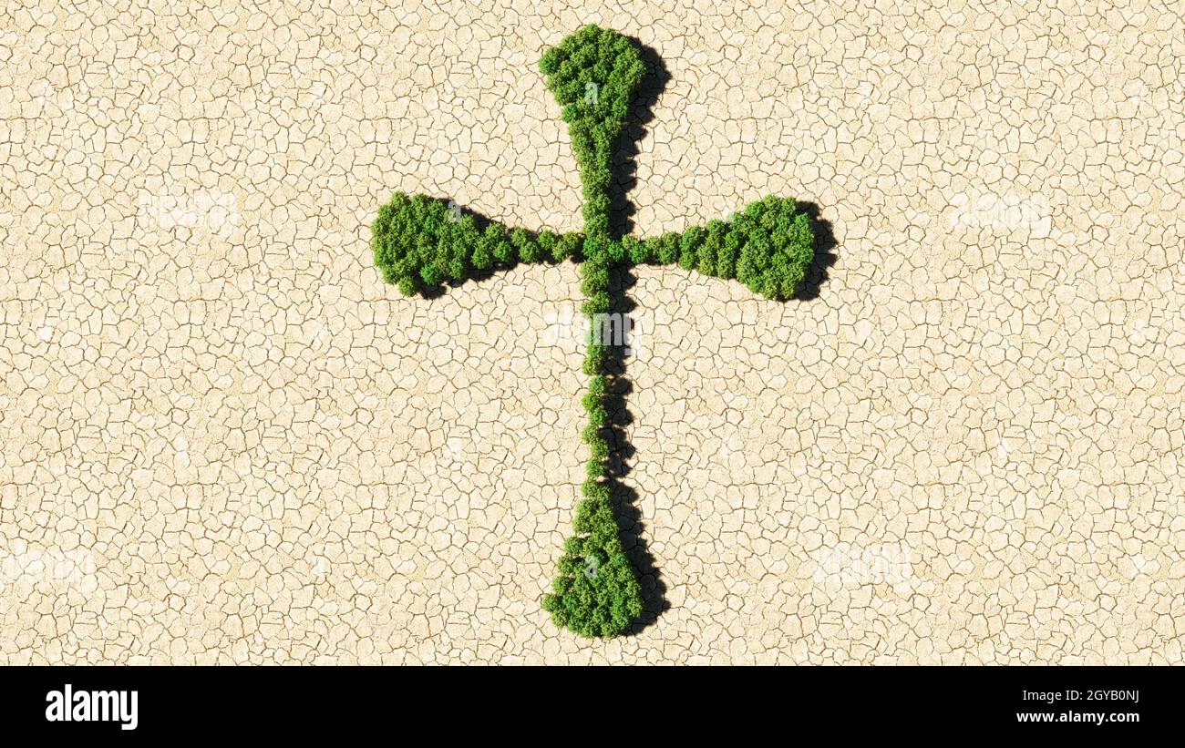 Concept ou groupe conceptuel d'arbre de forêt verte sur fond sec comme signe de la croix chrétienne religieuse. Une métaphore d'illustration 3d pour Dieu Banque D'Images